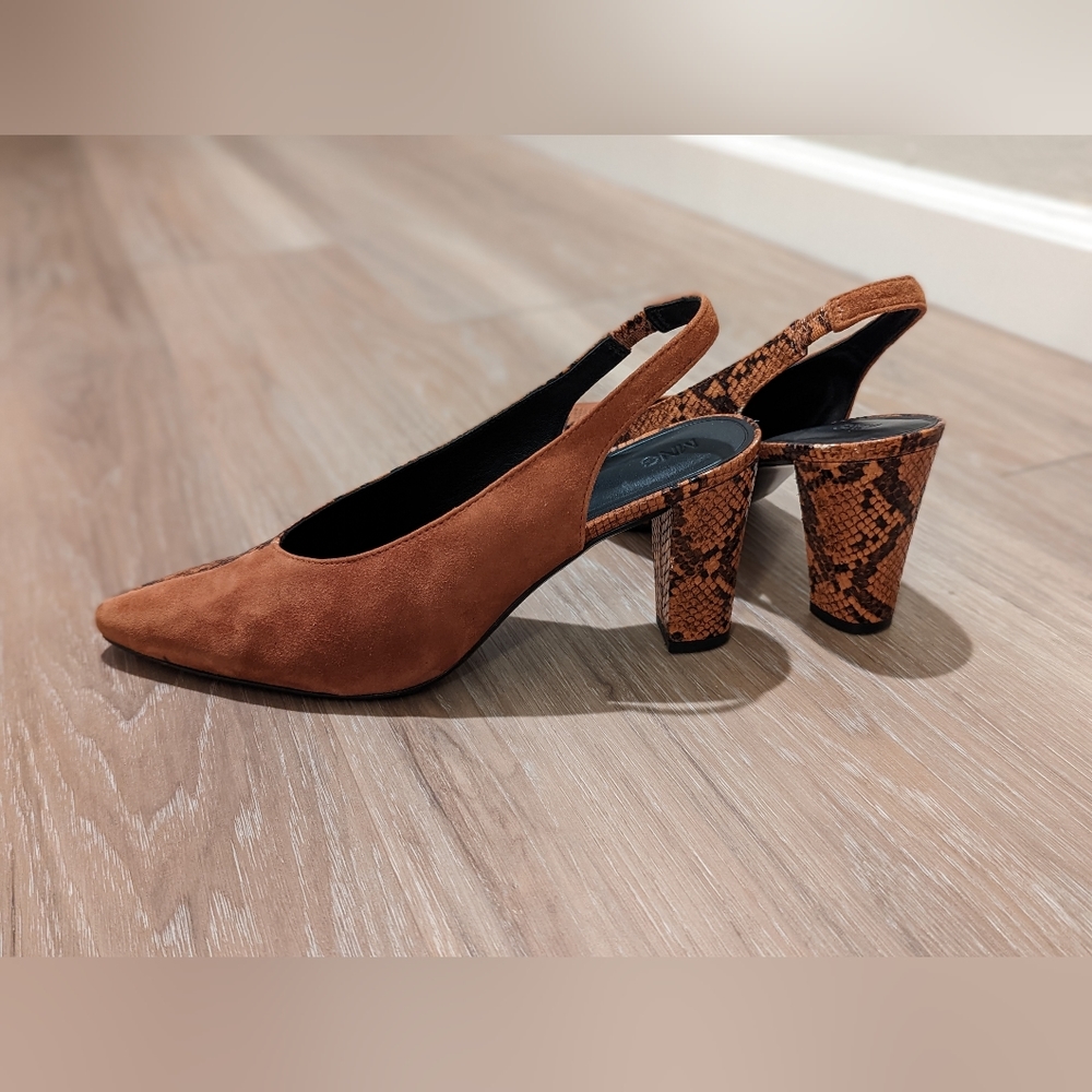 Mango Faux Snakeskin Suede Slingback Heels Size US 9.5 Cognac - Picture 13 of 15
